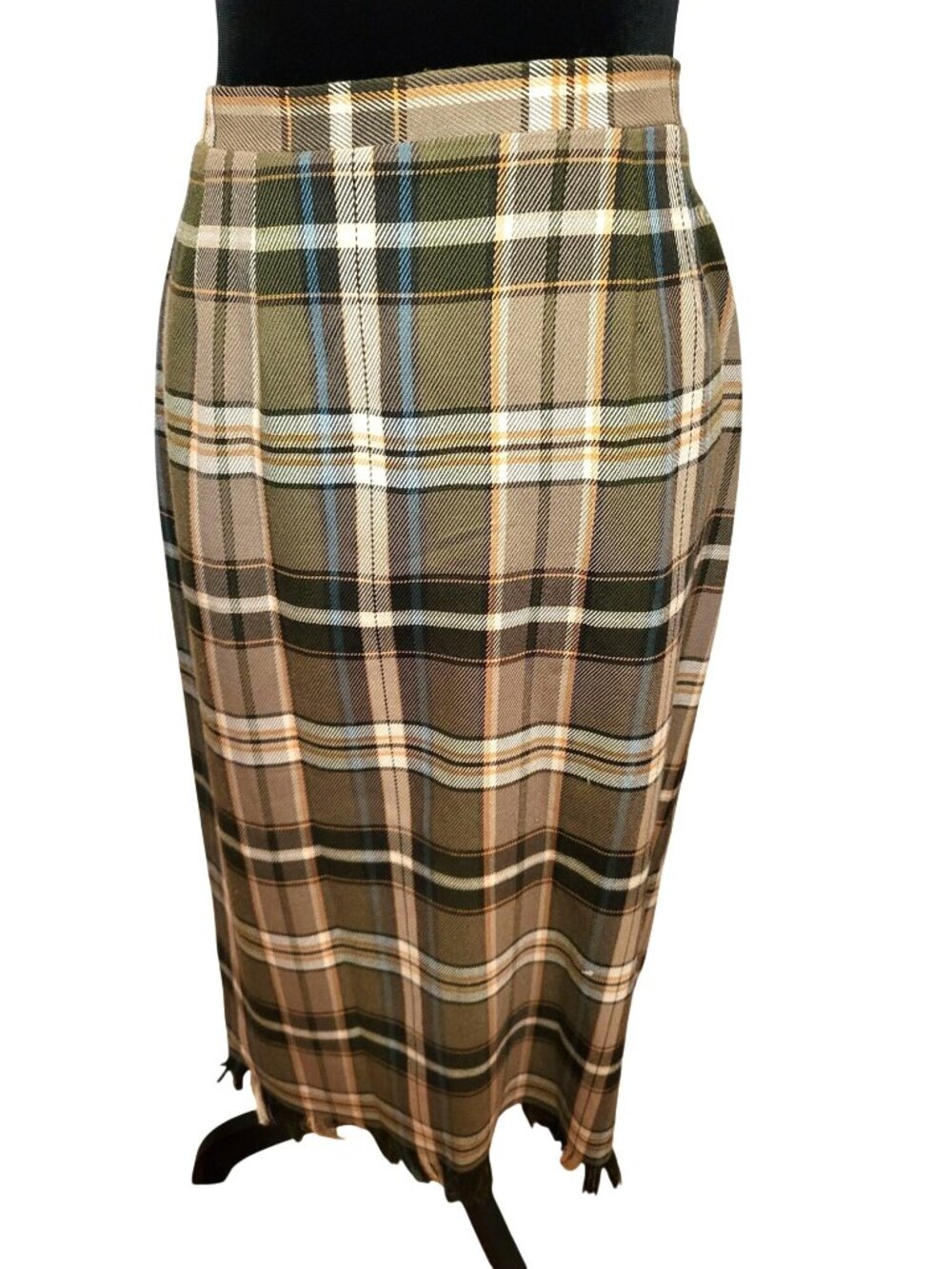 Vintage 90s Green Plaid Midi Skirt Fringe 8P Preppy Equestrian Classic Old Money